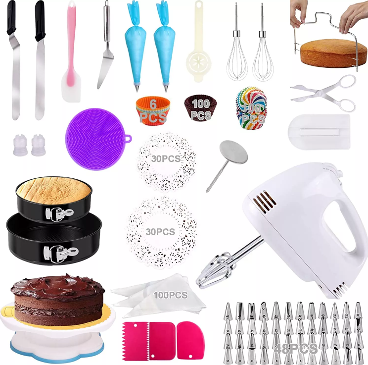 436 PCS Cake Decorating Kit Baking Supplies Set Tools with Electric Hand Mixer Mixing Pan Cake Mold, Cake Rotating Turntable set