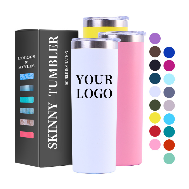 Custom Logo 20 oz UV Sublimation Blanks Straight Cup Double Wall Stainless Steel Insulated Slim Skinny Tumbler with Straw Lid