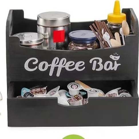 DS3542 Countertop Coffee Bar Condiment Organizer Basket Wood Cup Coffee Pods Holder with Drawer Coffee Station Organizer