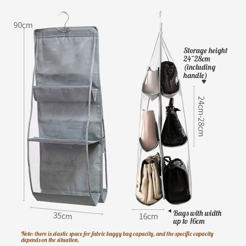 DS1249 6 Pocket Hanging Handbag Organizer Dust Cover Bag Wardrobe Storage Bag Closet Transparent Shoe Bag with Hanger Pouch