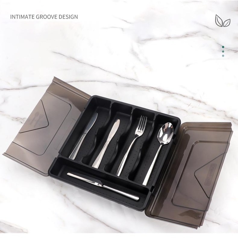 DS2965 Flatware Organizer Cutlery Tray with Cover Utensil Holder for Countertop with Lid Plastic Silverware Tray for Drawer