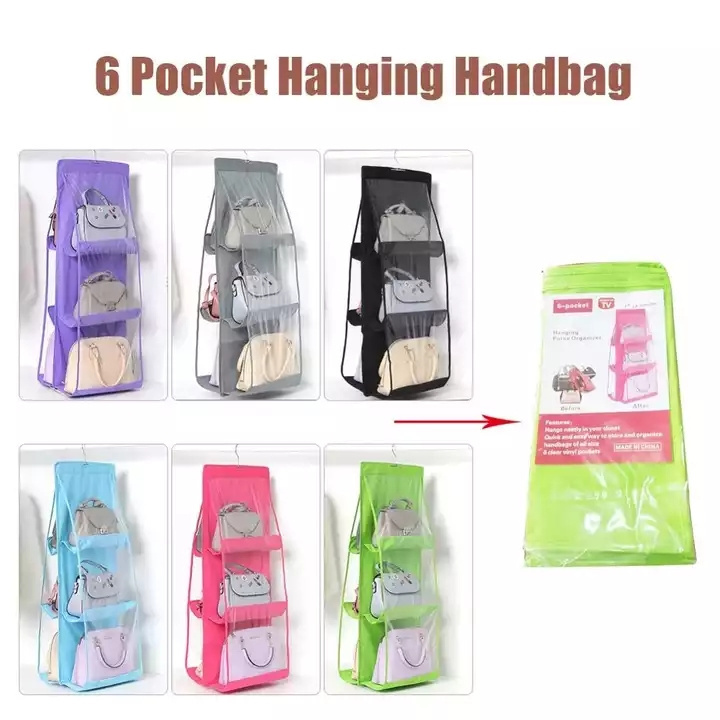 DS1249 6 Pocket Hanging Handbag Organizer Dust Cover Bag Wardrobe Storage Bag Closet Transparent Shoe Bag with Hanger Pouch