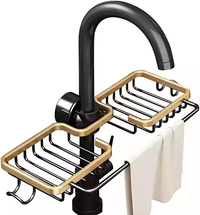 DS1273-1 Kitchen Space Aluminum Sink Drain Rack Adjustable Sink Soap Drainer Shelf Basket Over Faucet Sponge Storage Holder