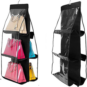 DS1249 6 Pocket Hanging Handbag Organizer Dust Cover Bag Wardrobe Storage Bag Closet Transparent Shoe Bag with Hanger Pouch