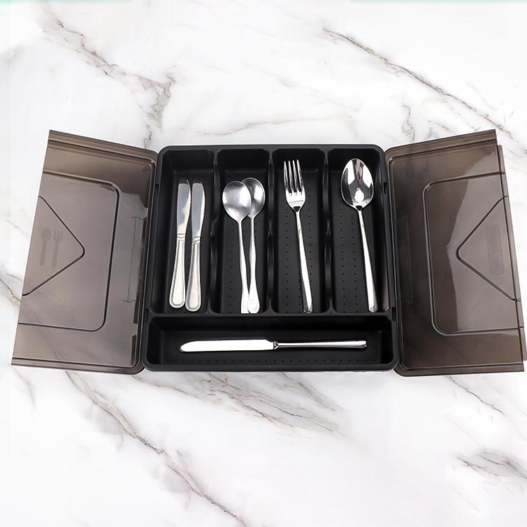 DS2965 Flatware Organizer Cutlery Tray with Cover Utensil Holder for Countertop with Lid Plastic Silverware Tray for Drawer