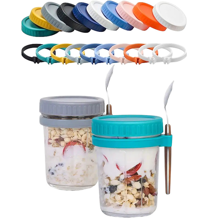 DS1909 Cereal Containers Storage Yogurt Jars Mason Jars For Overnight Oat Jar Glass Overnight Oats Containers with Lid and Spoo