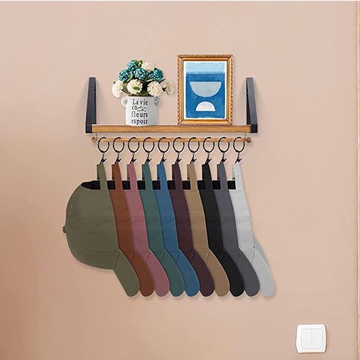 DS3037 Wall-Mounted Wooden Hat Shelf Metal Hat Hanger for Baseball Hat Rack for Wall Baseball Caps Organizer with Hook Clips