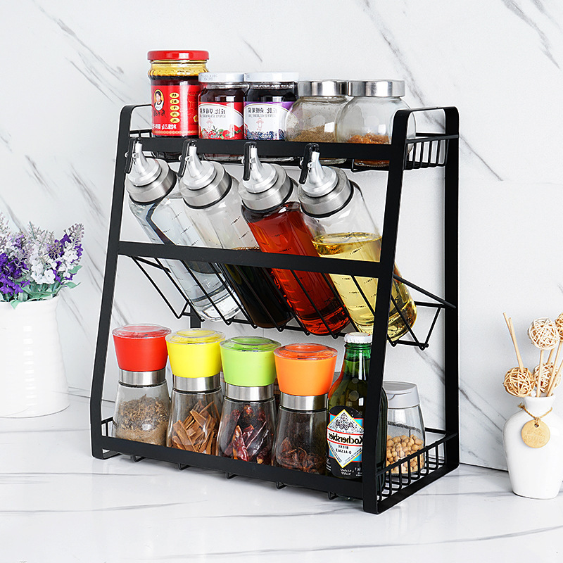 QL328  Hot Sale Black Three Tier Kitchen Supplies Shelf With Mesh Metal Kitchen Spice Storage Rack