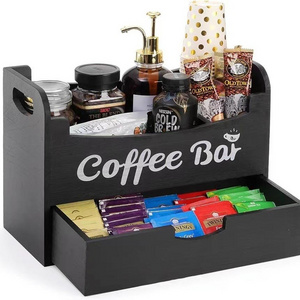 DS3542 Countertop Coffee Bar Condiment Organizer Basket Wood Cup Coffee Pods Holder with Drawer Coffee Station Organizer