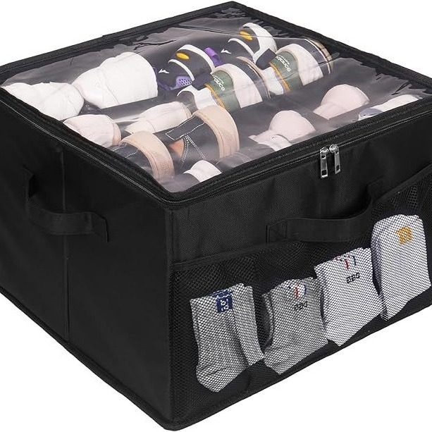 DS3584 Space Saving Black Shoe Box Fabric Shoe Storage Containers with Transport Cover Foldable Shoe Organizer for Closet