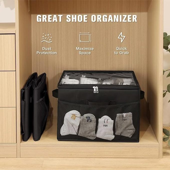 DS3584 Space Saving Black Shoe Box Fabric Shoe Storage Containers with Transport Cover Foldable Shoe Organizer for Closet