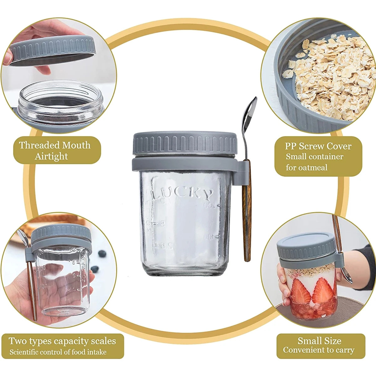 DS1909 Cereal Containers Storage Yogurt Jars Mason Jars For Overnight Oat Jar Glass Overnight Oats Containers with Lid and Spoo