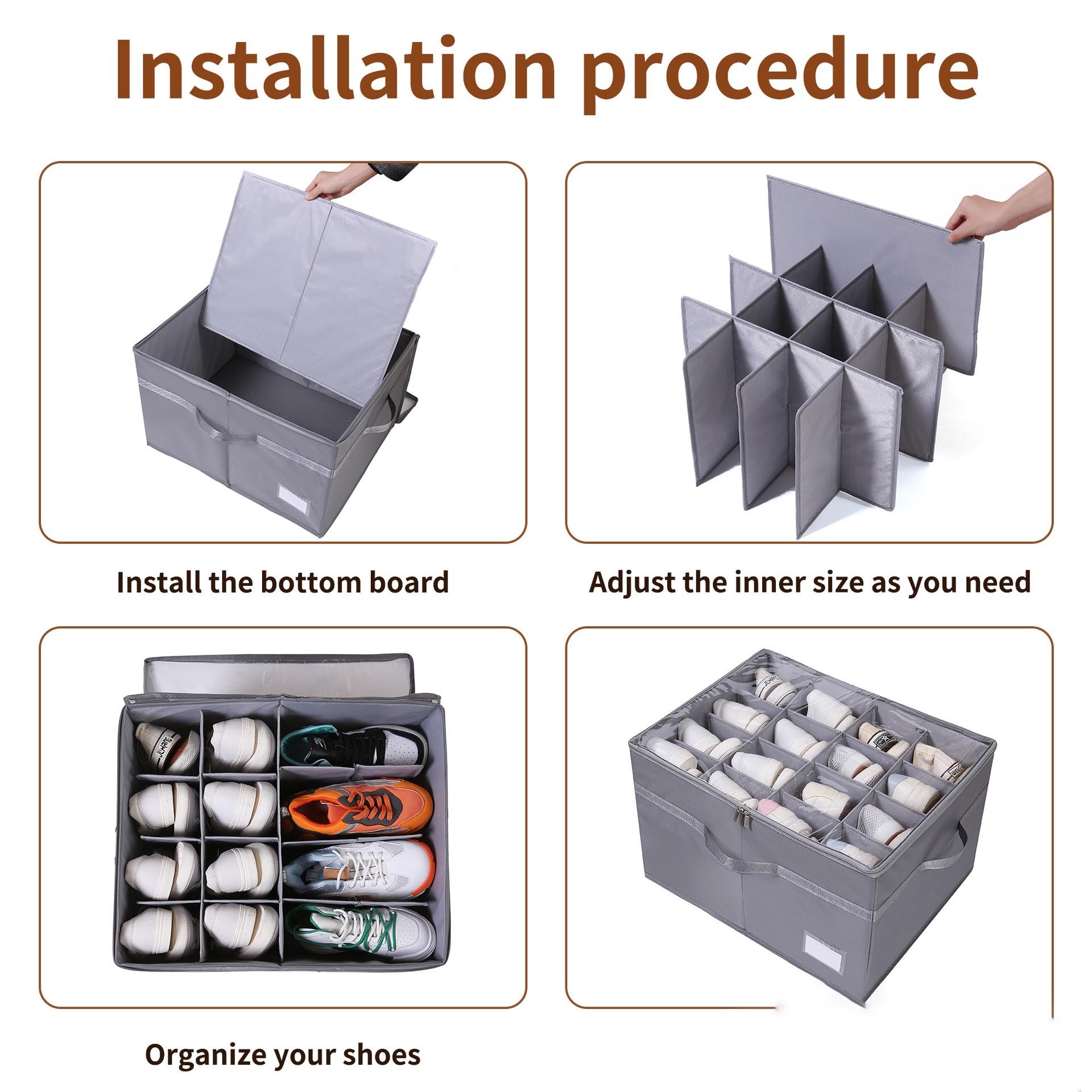 DS3581 Shoe Storage Containers Bins Foldable Shoe Box with Adjustable Dividers and Clear Cover Fabric Shoe Organizer for Closet