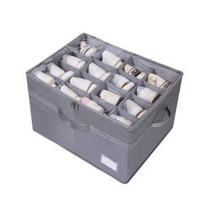 DS3581 Shoe Storage Containers Bins Foldable Shoe Box with Adjustable Dividers and Clear Cover Fabric Shoe Organizer for Closet