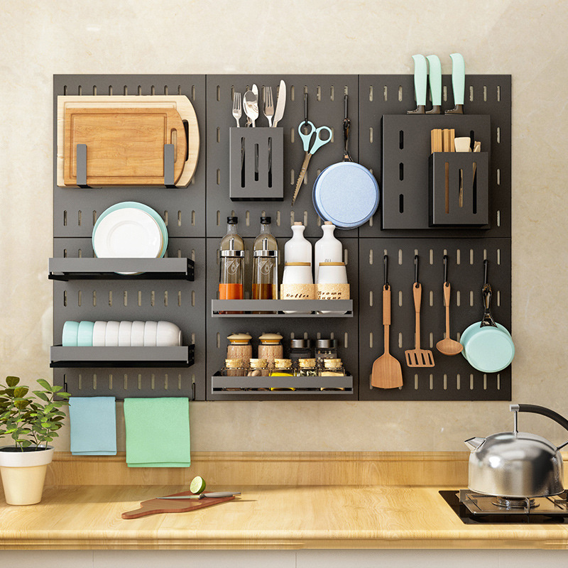 GG311 Stainless Steel Kitchen Rack Pegboard Wall Organizer Shelves Utensil Storage Board With Hooks Rag Pegboard Combination Kit