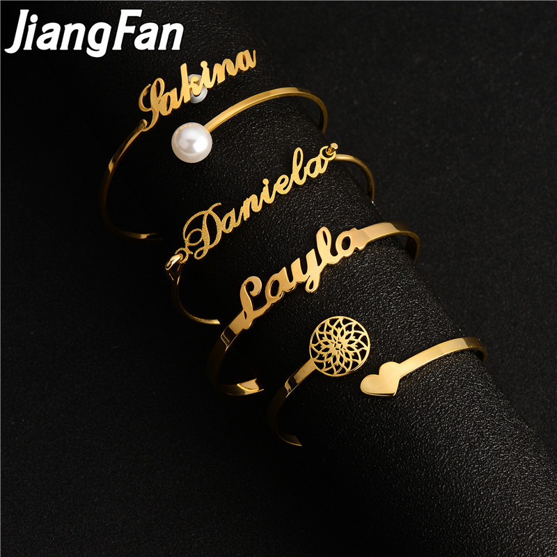 18K Gold Plated Bangles Stainless Steel Cheap Open Stylish Cuff Name Plates Bangle Personalized Bangles Bracelet