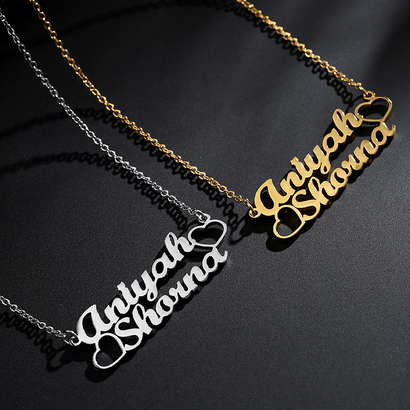 Stainless Steel 18K Gold Link Chain Custom Initial Two Layer Name Necklace Personalized Two Names Necklaces With Heart Colliers