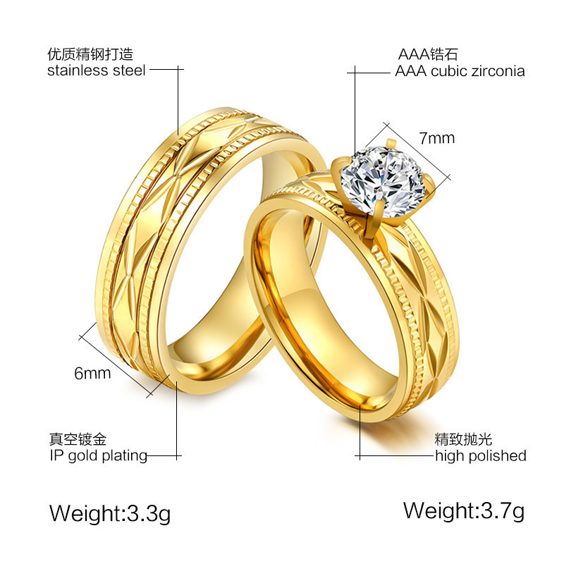 18k Gold Plate Crystal Cubic Zirconia Wedding Rings Dragon Design Stainless Steel Couple Ring Set