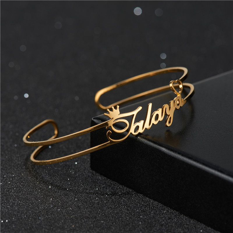 18K Gold Plated Bangles Stainless Steel Cheap Open Stylish Cuff Name Plates Bangle Personalized Bangles Bracelet