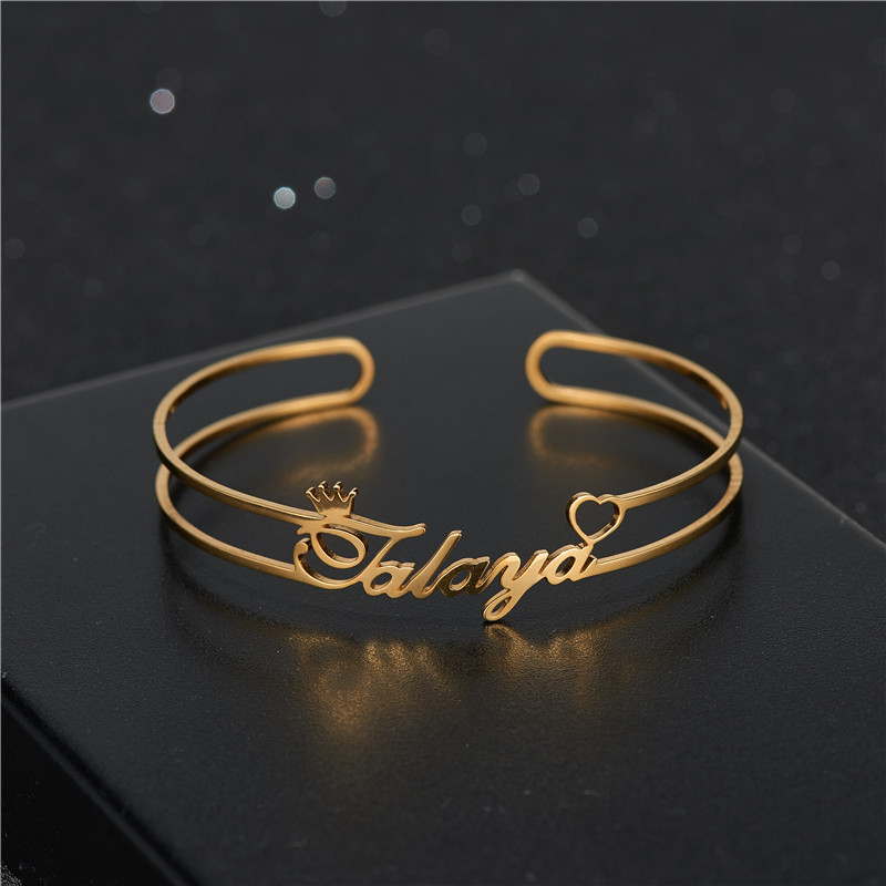 18K Gold Plated Bangles Stainless Steel Cheap Open Stylish Cuff Name Plates Bangle Personalized Bangles Bracelet