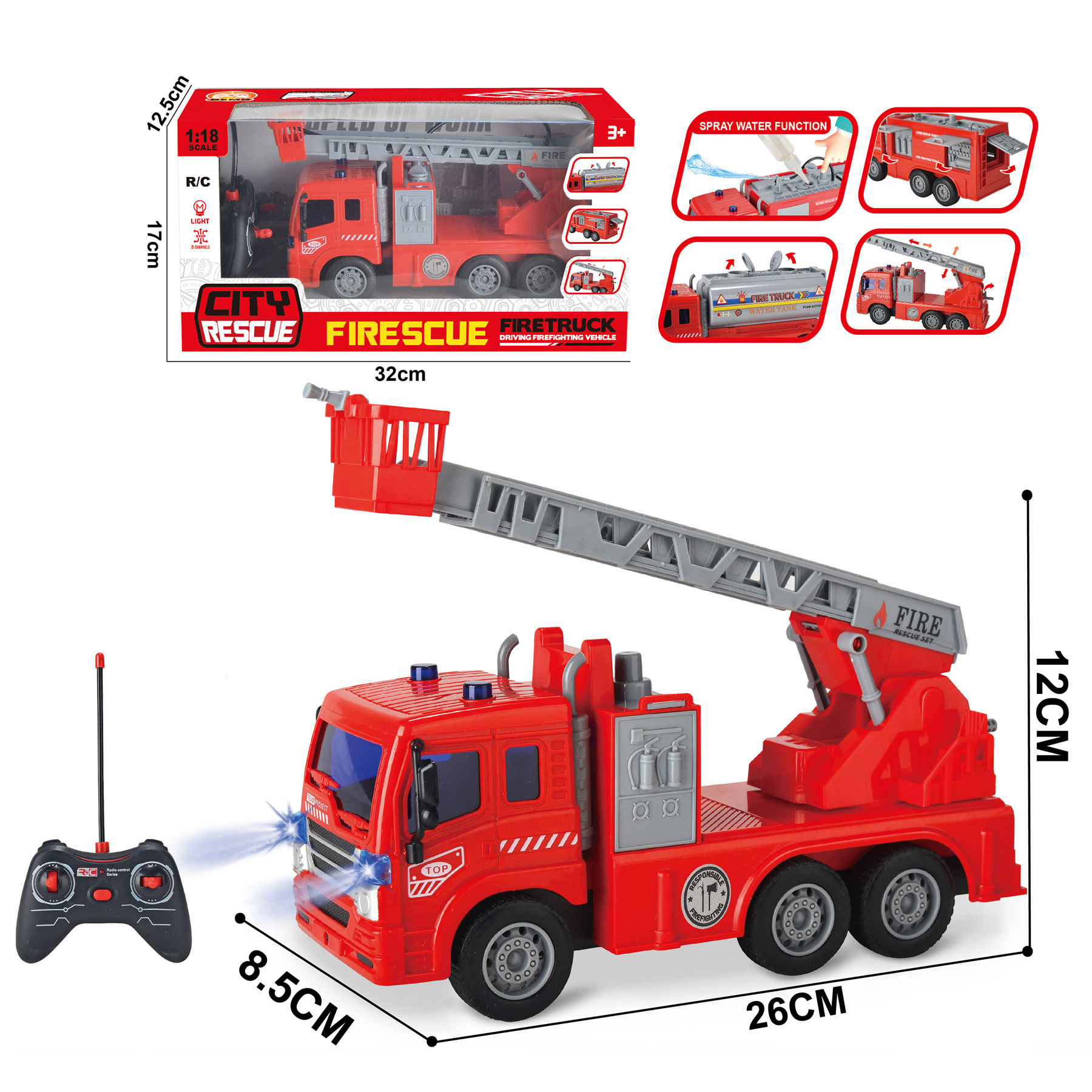 ZILLE 1:18 5 Channel Remote Control Fire Engine Truck Spraying Water Simulation City Rescue Vehicle RC Fire Truck Toys For Kids