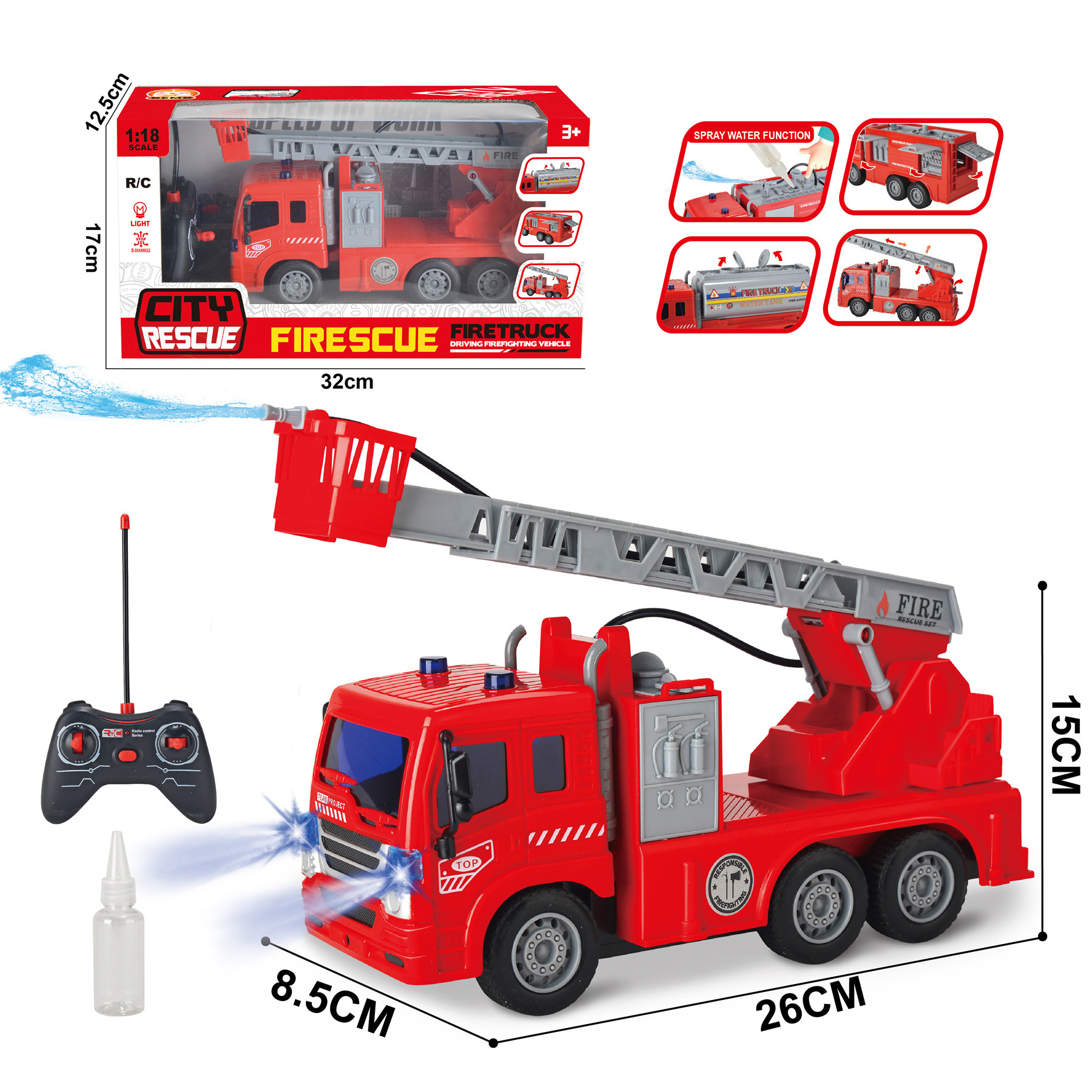 ZILLE 1:18 5 Channel Remote Control Fire Engine Truck Spraying Water Simulation City Rescue Vehicle RC Fire Truck Toys For Kids