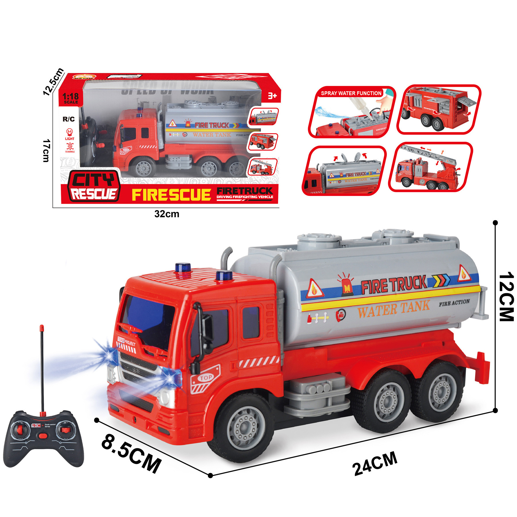 ZILLE 1:18 5 Channel Remote Control Fire Engine Truck Spraying Water Simulation City Rescue Vehicle RC Fire Truck Toys For Kids