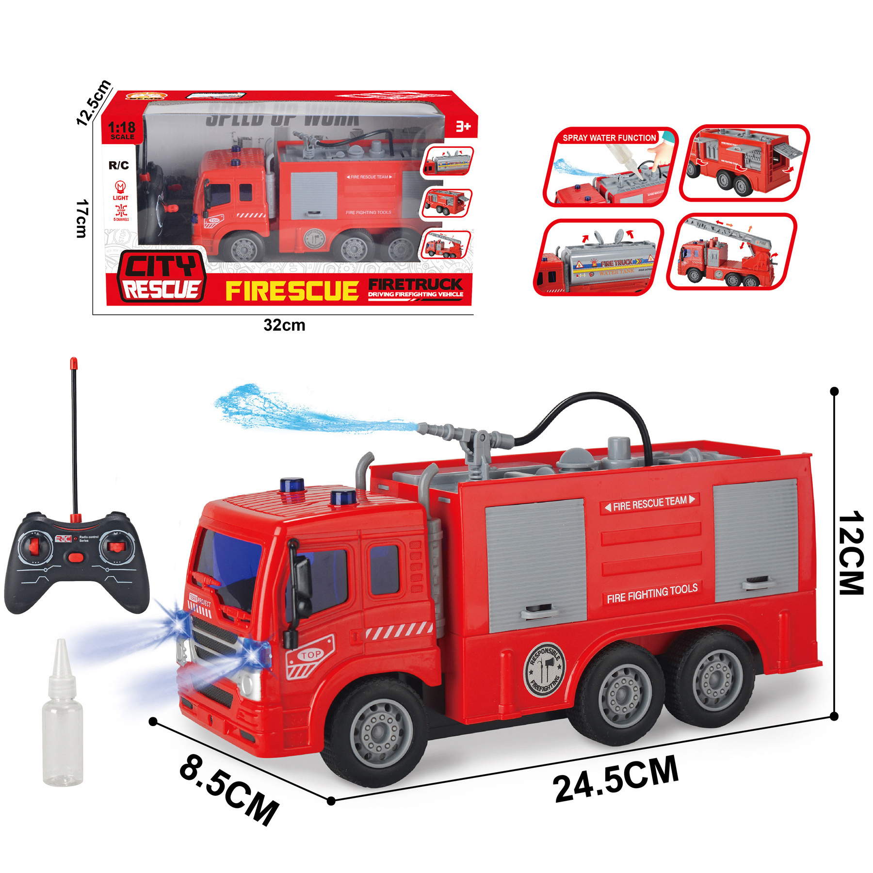 ZILLE 1:18 5 Channel Remote Control Fire Engine Truck Spraying Water Simulation City Rescue Vehicle RC Fire Truck Toys For Kids