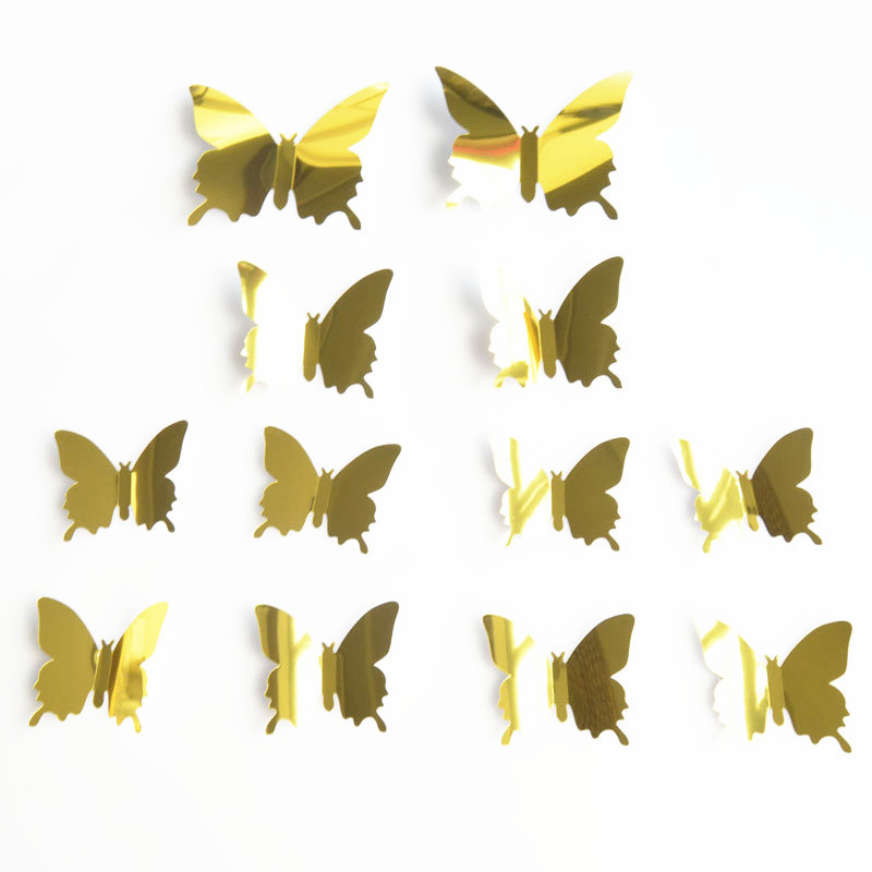 12pc/set 3D Mirror Butterfly PET Wall Stickers Kids Bedroom Living Room Decoration Gold Silver Blue Home Decor Butterfly