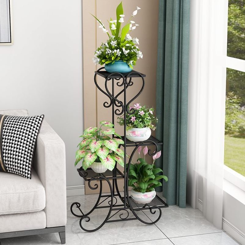 Metal Plant Stand Indoor Outdoor - 4 Tier Flower Pot Holder Shelf - Wrought Iron Planter Display Rack for Garden Patio Lawn