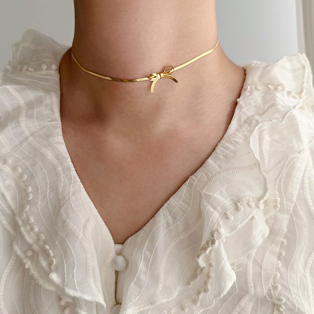 New Trendy 18K Real Gold Plated Bowknot Snake Chain Necklace Bow Choker Necklace Stainless Steel Jewelry