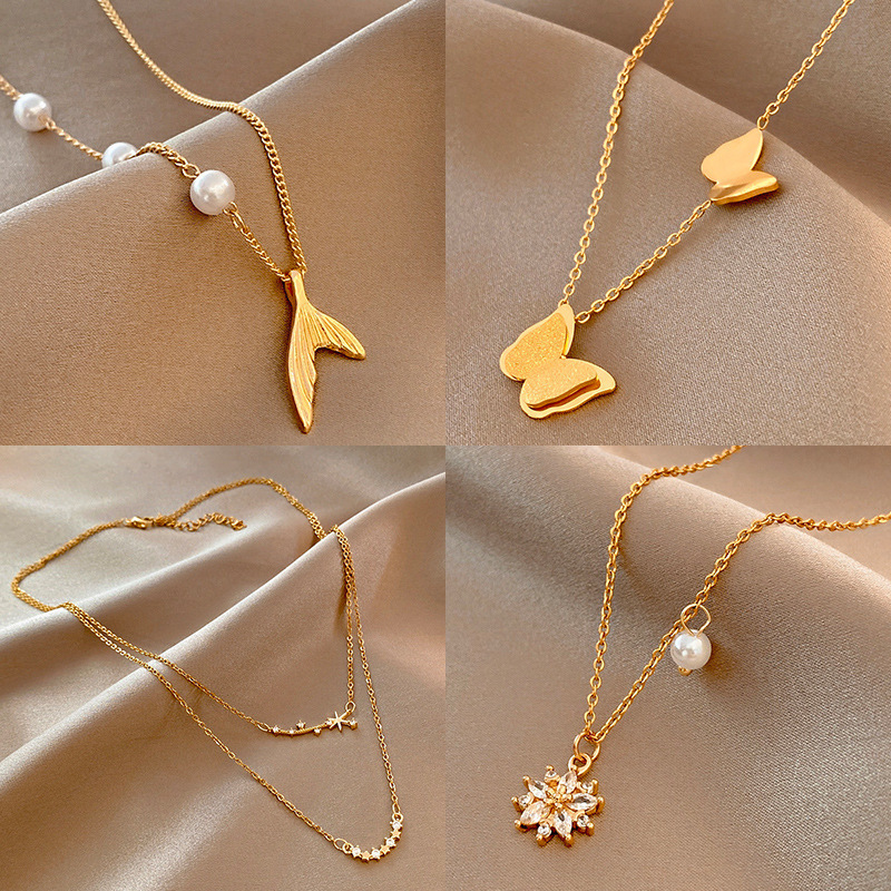 Wholesale Gold Plated Zircon Pearl Initial Necklace Stainless Steel Heart Star Moon Necklace Jewelry Women