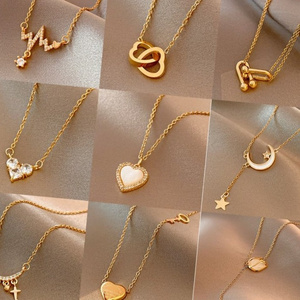 Wholesale Gold Plated Zircon Pearl Initial Necklace Stainless Steel Heart Star Moon Necklace Jewelry Women