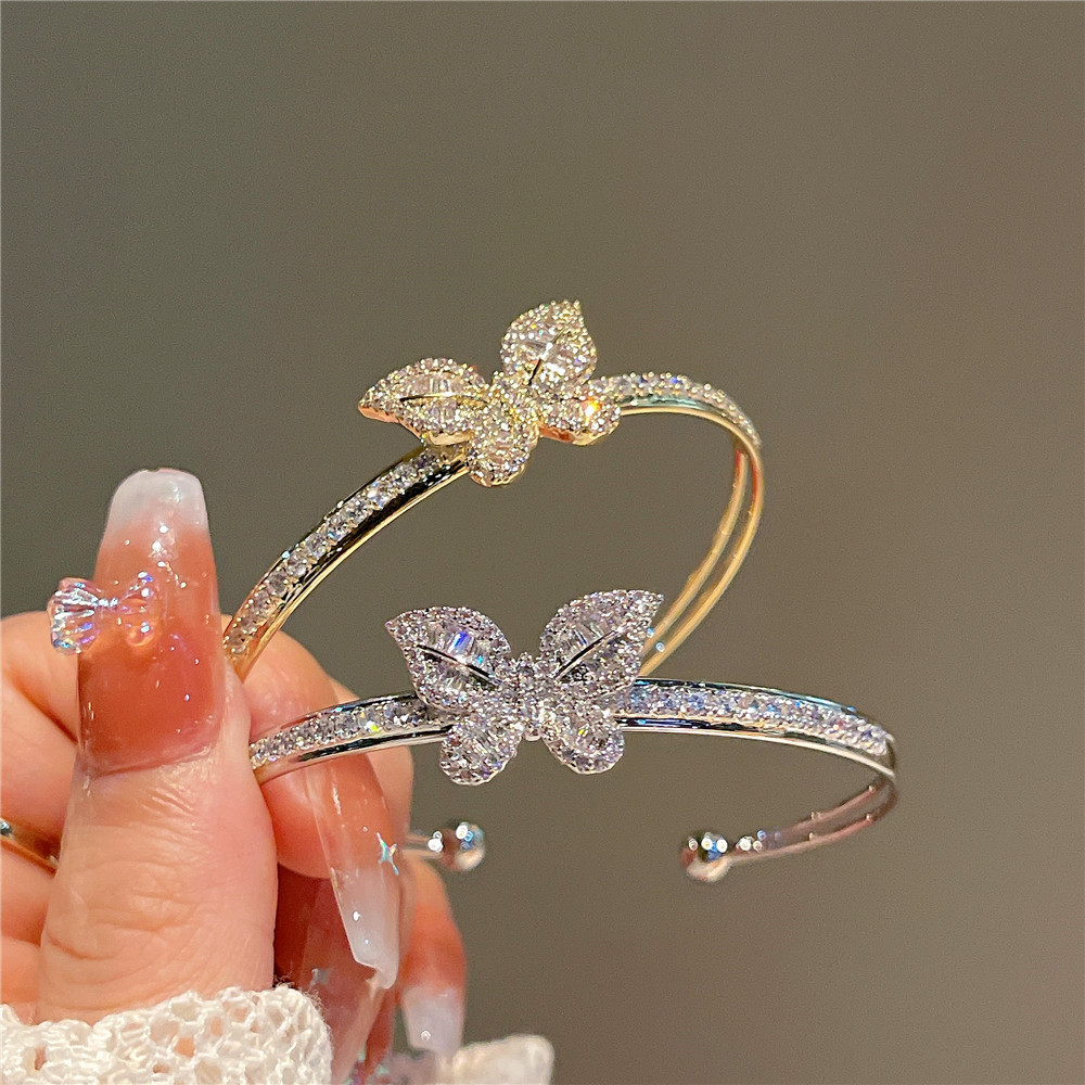 Luxury Gold Plated Crystal Butterfly Bracelet Women Open Adjustable Bling Cubic Zirconia CZ Butterfly Bangle Bracelet