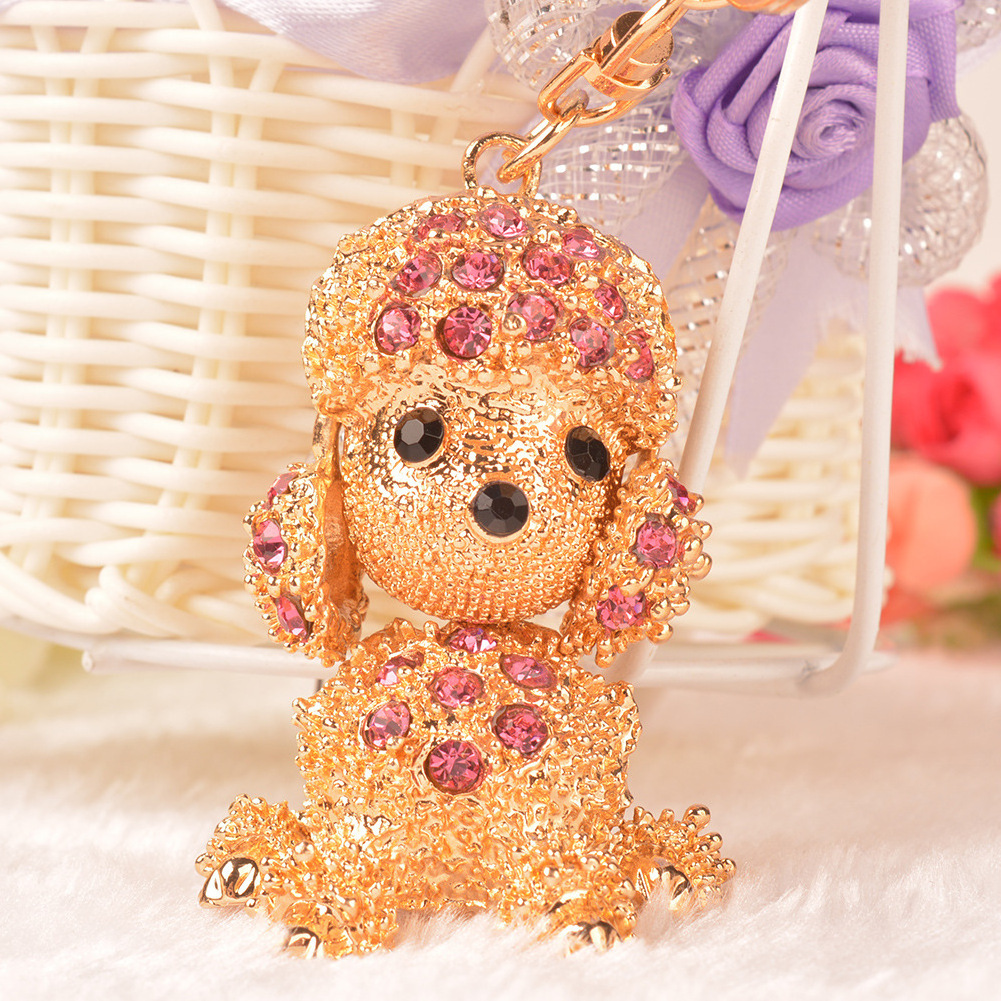 Creative Metal Colored Crystal Dog Shaped Keychain Rhinestone Animal Dog Key Chain For Couple