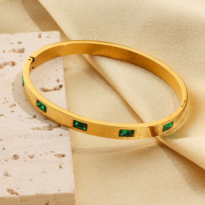 Vintage Gold Plated Emerald Square Fashion Jewelry Bracelets Bangles Green Cubic Zirconia Stainless Steel Bangle Bracelet