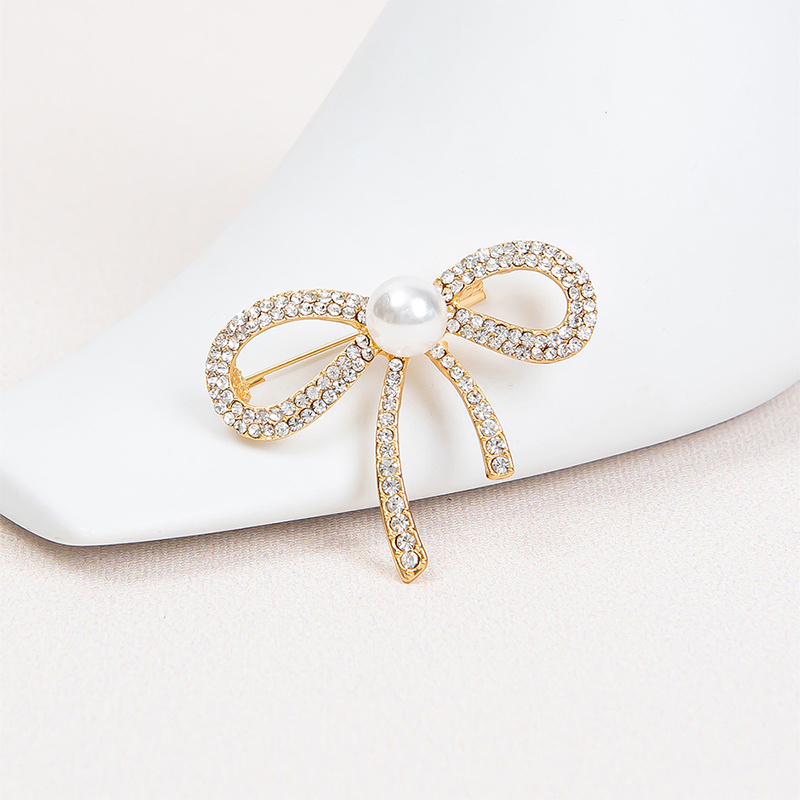 Fashion Chic Inlaid Diamond Bow Tie Brooch Pin Shiny Rhinestone Crystal Pearl Bow Brooch For Women