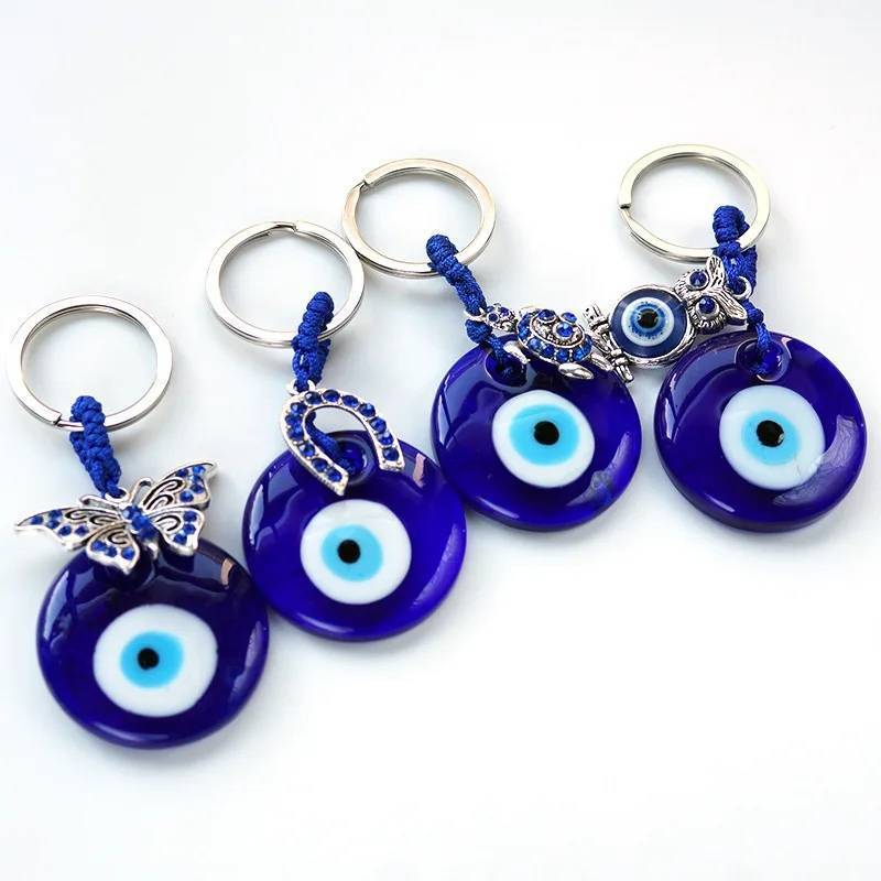 Wholesale Butterfly Turkish Devil Eye Key Holder Chain Blue Enamel Glass Owl Evil Eyes Key Ring For Gift