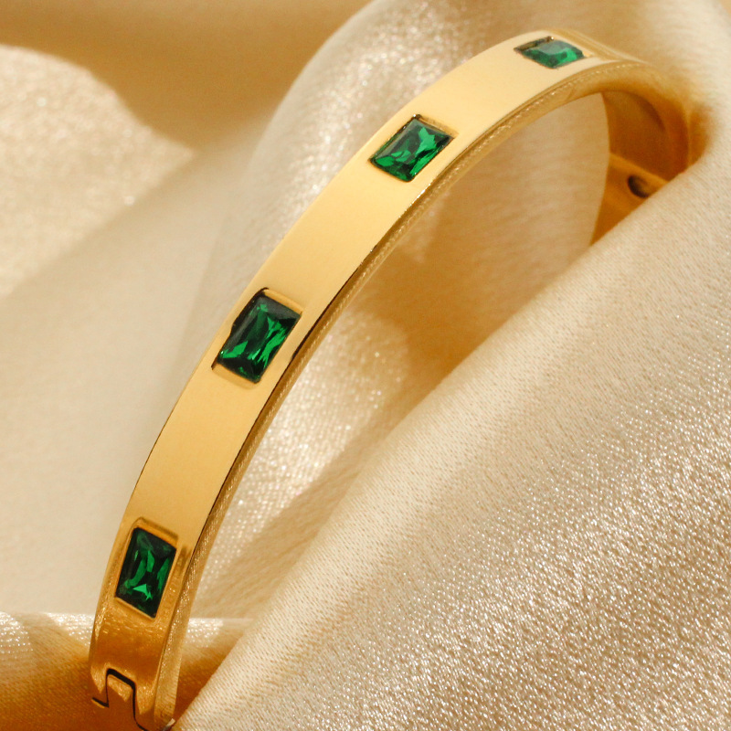 Vintage Gold Plated Emerald Square Fashion Jewelry Bracelets Bangles Green Cubic Zirconia Stainless Steel Bangle Bracelet