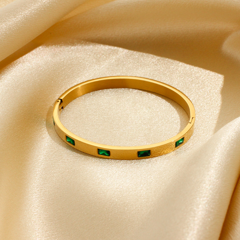 Vintage Gold Plated Emerald Square Fashion Jewelry Bracelets Bangles Green Cubic Zirconia Stainless Steel Bangle Bracelet