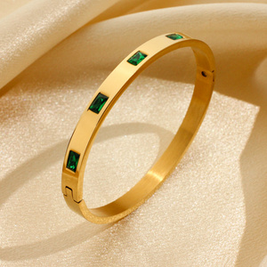 Vintage Gold Plated Emerald Square Fashion Jewelry Bracelets Bangles Green Cubic Zirconia Stainless Steel Bangle Bracelet