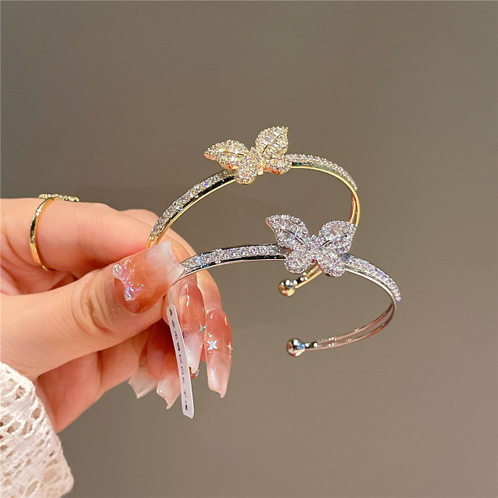 Luxury Gold Plated Crystal Butterfly Bracelet Women Open Adjustable Bling Cubic Zirconia CZ Butterfly Bangle Bracelet