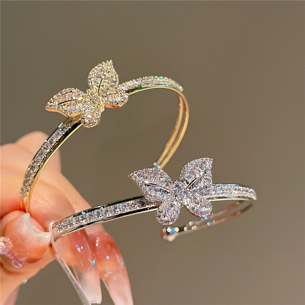 Luxury Gold Plated Crystal Butterfly Bracelet Women Open Adjustable Bling Cubic Zirconia CZ Butterfly Bangle Bracelet