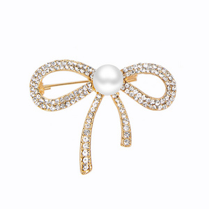 Fashion Chic Inlaid Diamond Bow Tie Brooch Pin Shiny Rhinestone Crystal Pearl Bow Brooch For Women