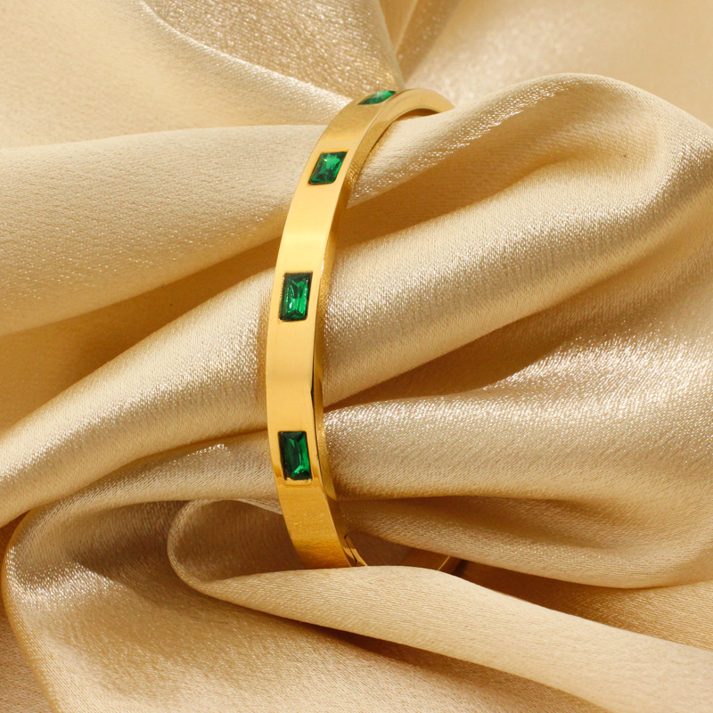 Vintage Gold Plated Emerald Square Fashion Jewelry Bracelets Bangles Green Cubic Zirconia Stainless Steel Bangle Bracelet