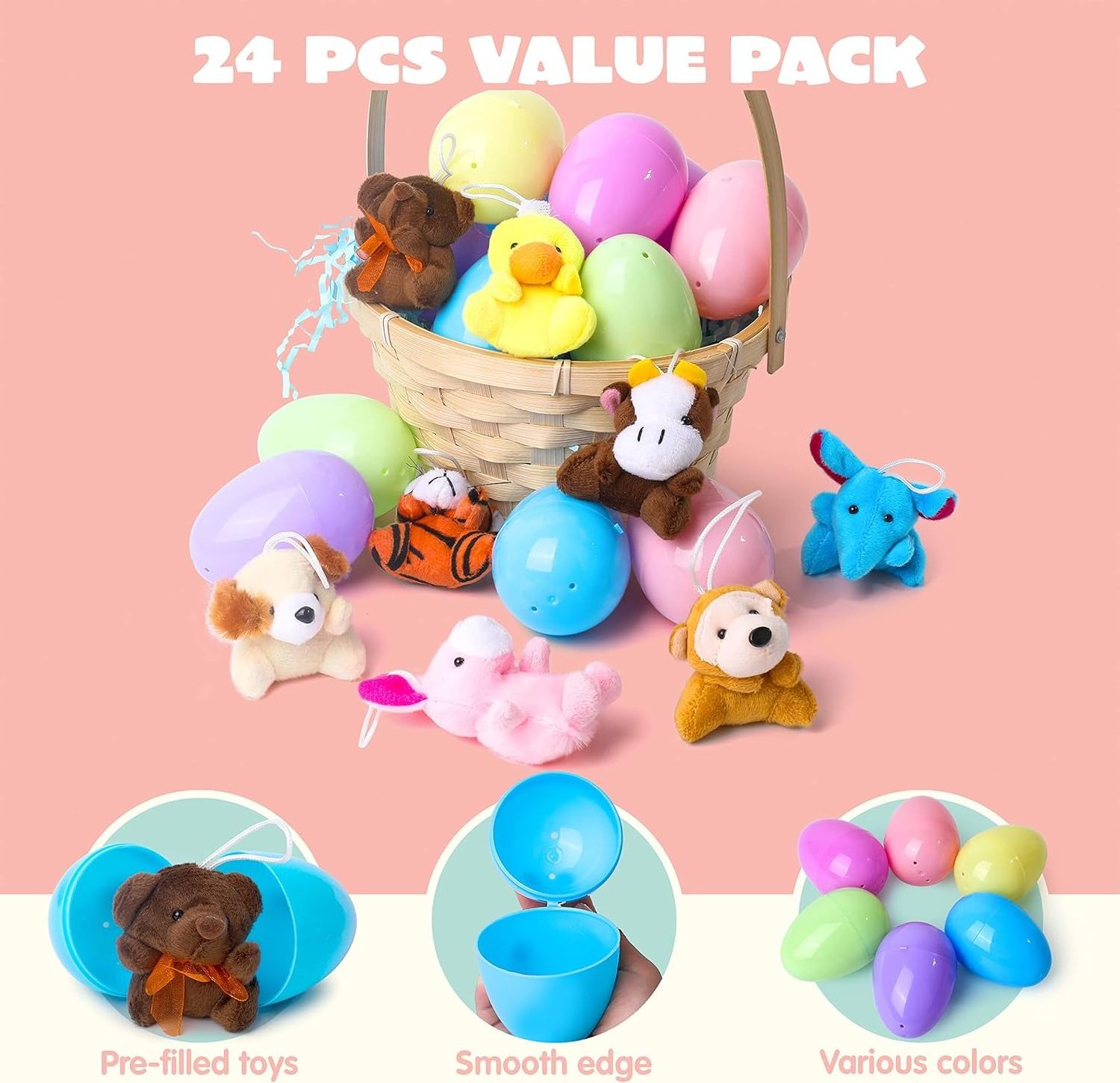 JOYIN 24 Pack Prefilled Easter Eggs of Mini Stuffed Animal Plush Toys Easter Baster Stuffer for Kids Easter Egg Hunt