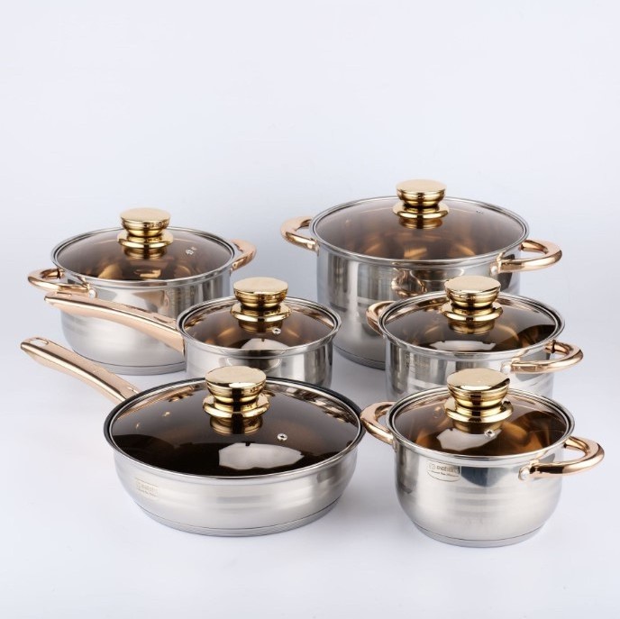 201 and 410 stainless steel  6pcs Kitchen Ware Set Stainless Steel Gold Cooking Pot Non Stick Cookware Sets with Glass Lid