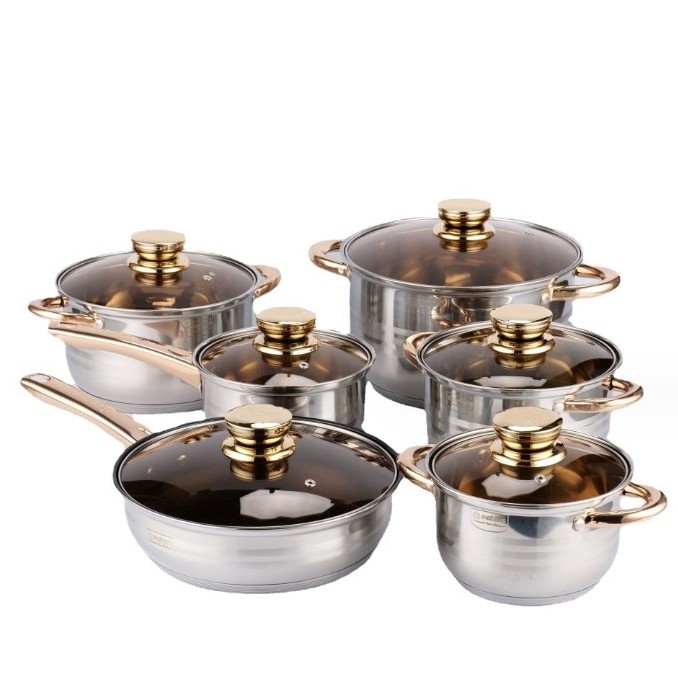 201 and 410 stainless steel  6pcs Kitchen Ware Set Stainless Steel Gold Cooking Pot Non Stick Cookware Sets with Glass Lid