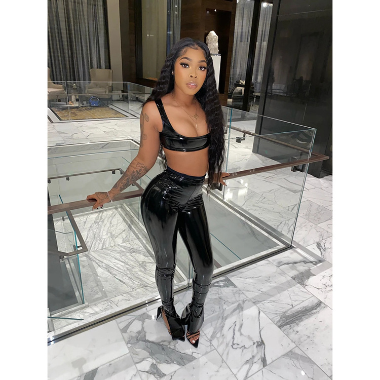 Fall Sexy Shiny Crop Top Two Piece Tight Faux Pu Black Bra Pants Women Night Club Outfits Two Piece Leather Pants