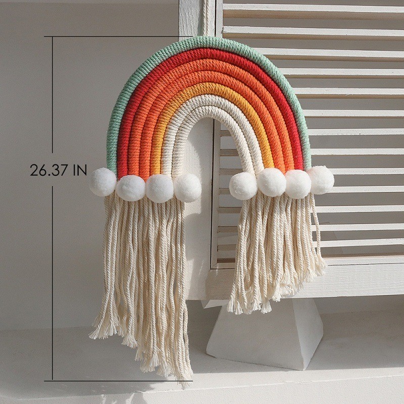 Rainbow plush ball hand woven Macrame rainbow tapestry wall hanging nursery children's girl room decoration